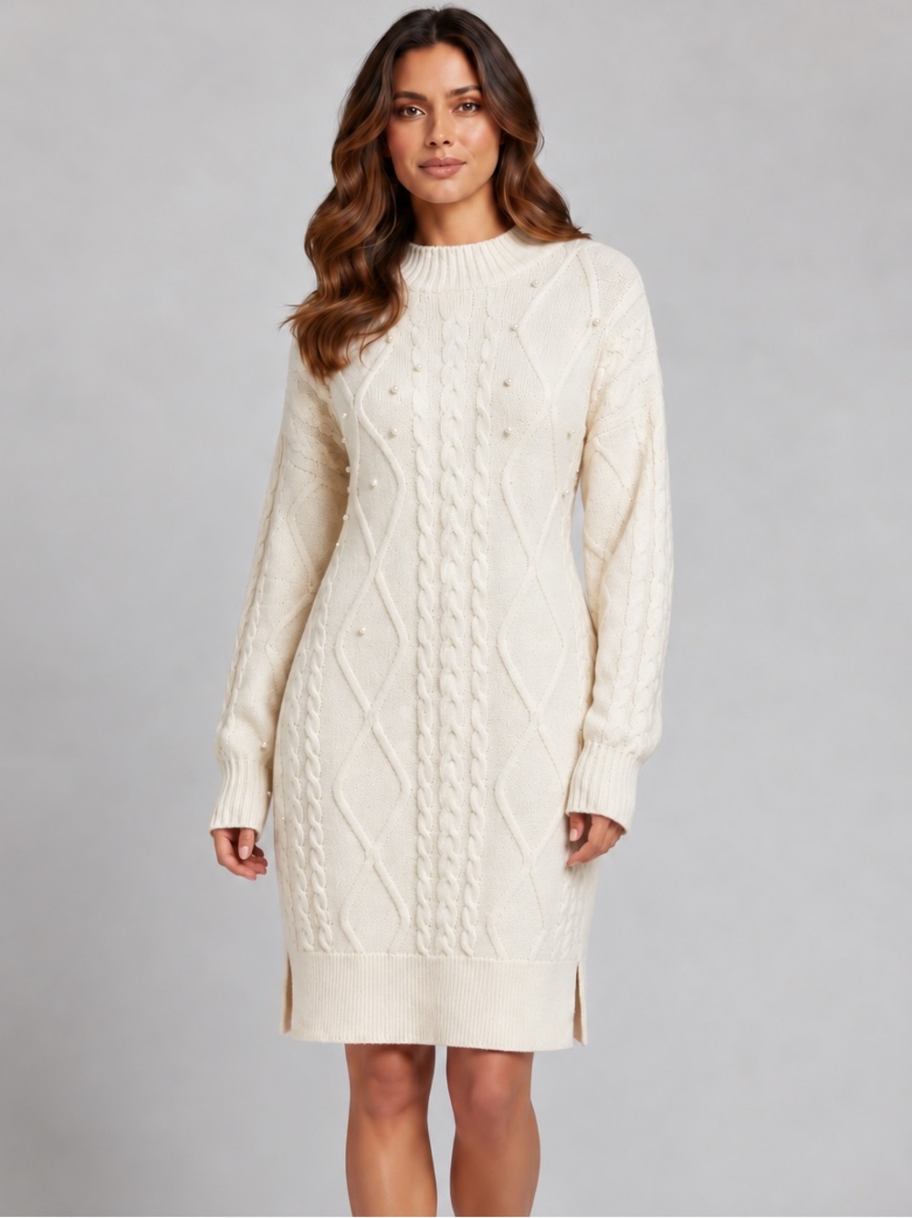 Francesca's Collections Ivory Pearl-Studded Cable Knit Crewneck Sweater